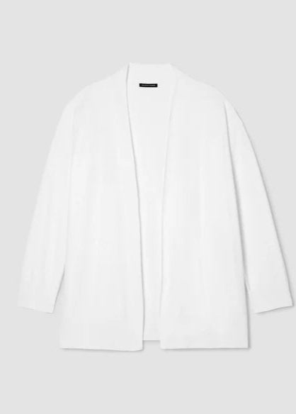 Eileen Fisher white linen cardigan on a light gray background