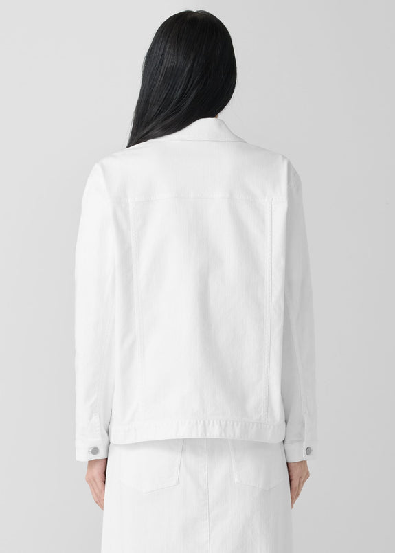 back view of Eileen Fisher plus size stretch white denim jean jacket