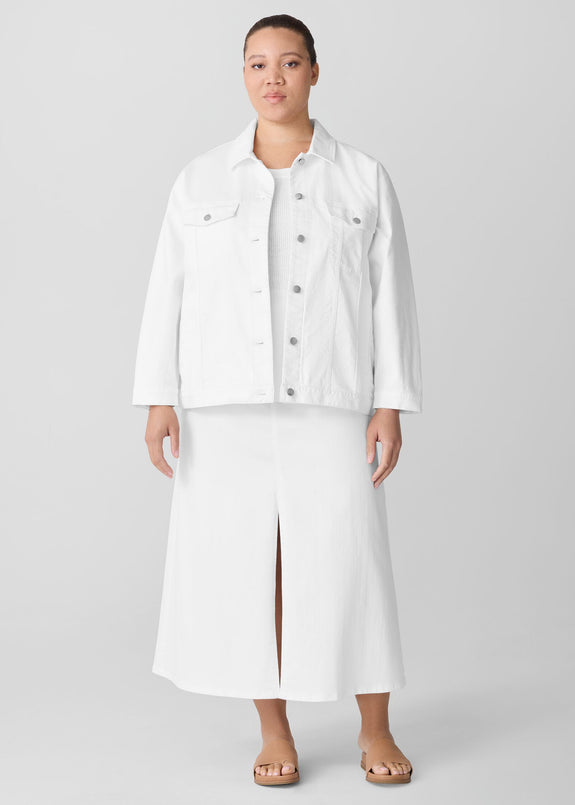 front view of Eileen Fisher stretch white denim jean jacket on plus size model