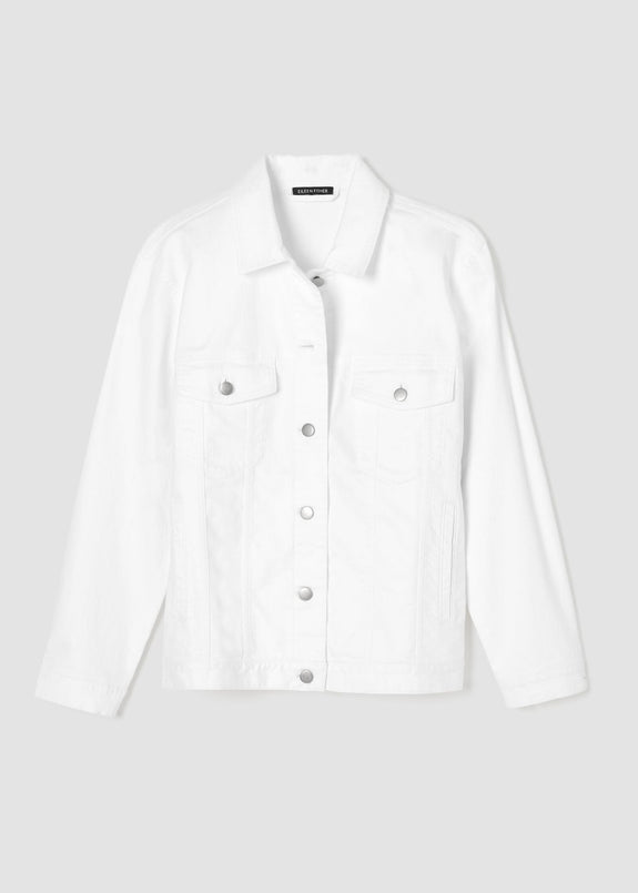 front view of Eileen Fisher plus size stretch white denim jean jacket