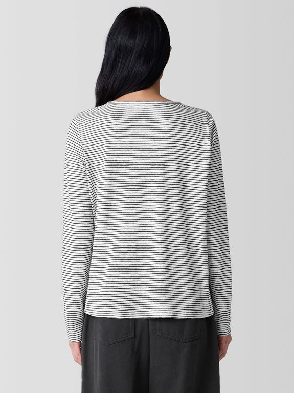 Eileen Fisher Striped Organic Linen Crewneck Long Sleeve Tee in White/Blk