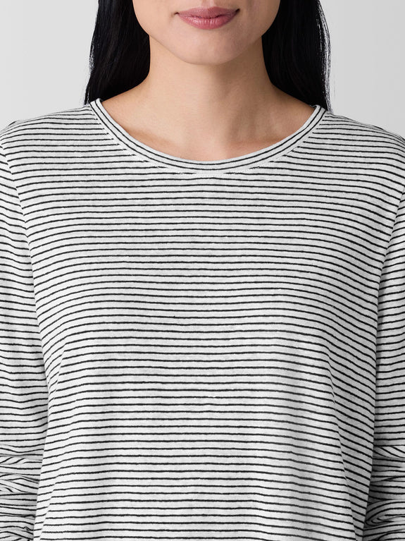 Eileen Fisher Striped Organic Linen Crewneck Long Sleeve Tee in White/Blk