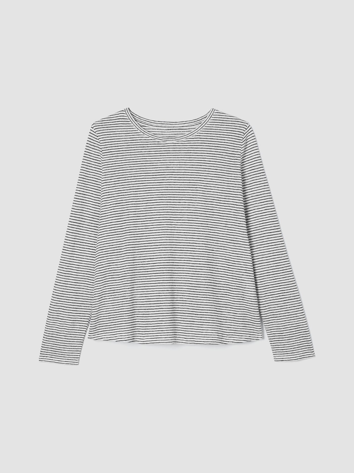 Eileen Fisher Striped Organic Linen Crewneck Long Sleeve Tee in White/Blk