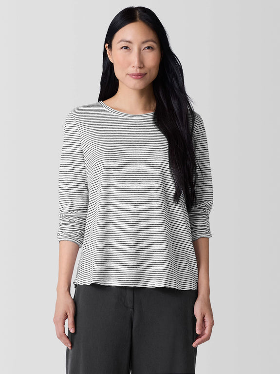 Eileen Fisher Striped Organic Linen Crewneck Long Sleeve Tee in White/Blk