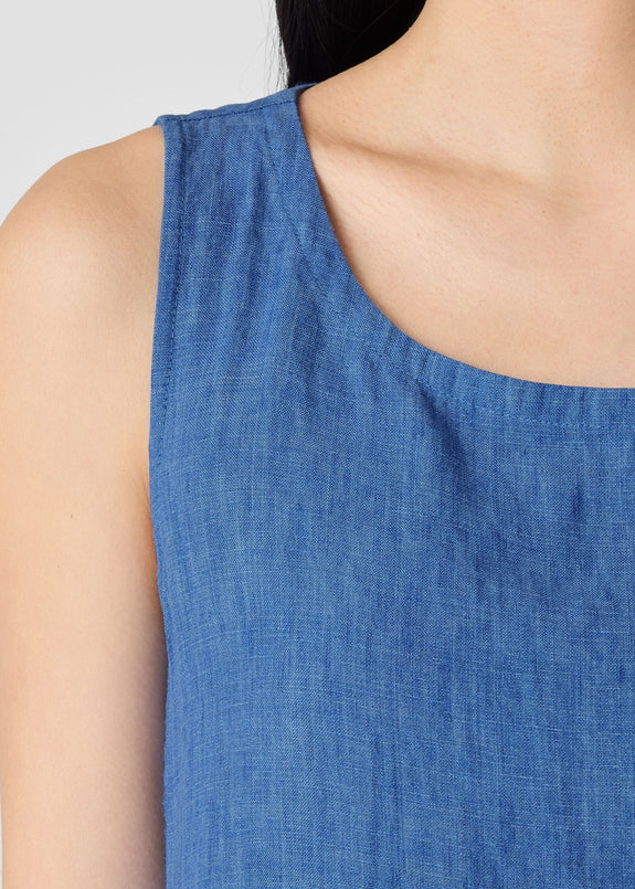 close up front view of Eileen fisher delave' linen sleeveless balloon hem plus size dress in color ultramarine
