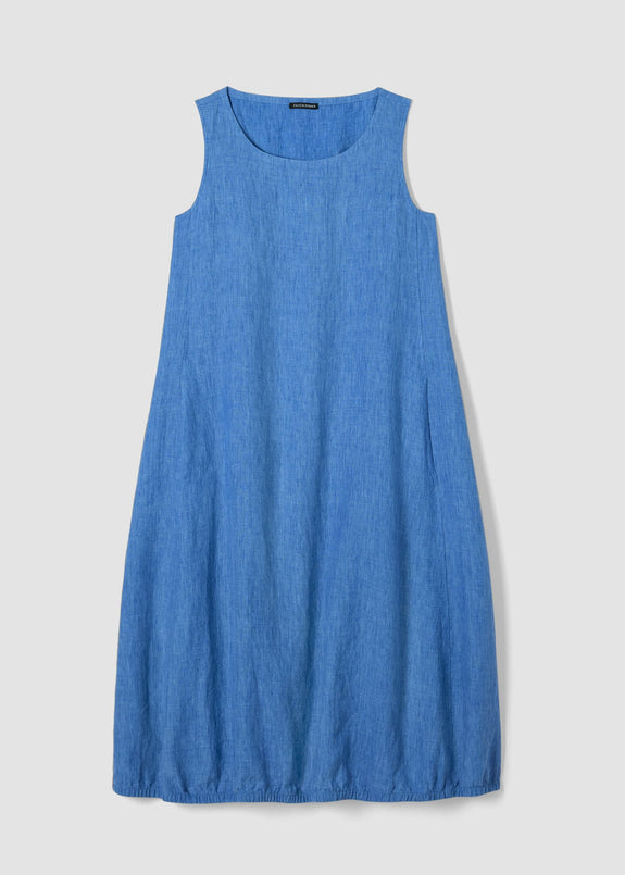 front view of Eileen fisher delave' linen sleeveless balloon hem plus size dress in color ultramarine