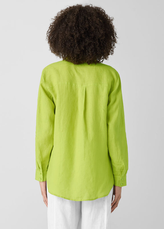 back view of Eileen fisher classic collar long sleeve button front organic linen pus size shirt in chartreuse