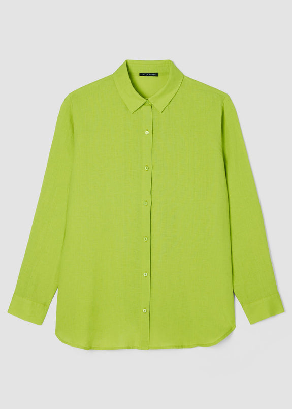 front view of Eileen fisher classic collar long sleeve button front organic linen pus size shirt in chartreuse
