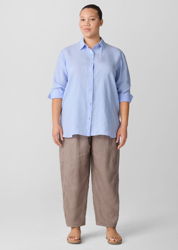 front view of Eileen fisher classic collar long sleeve button front organic linen shirt on plus size model in color bellflower