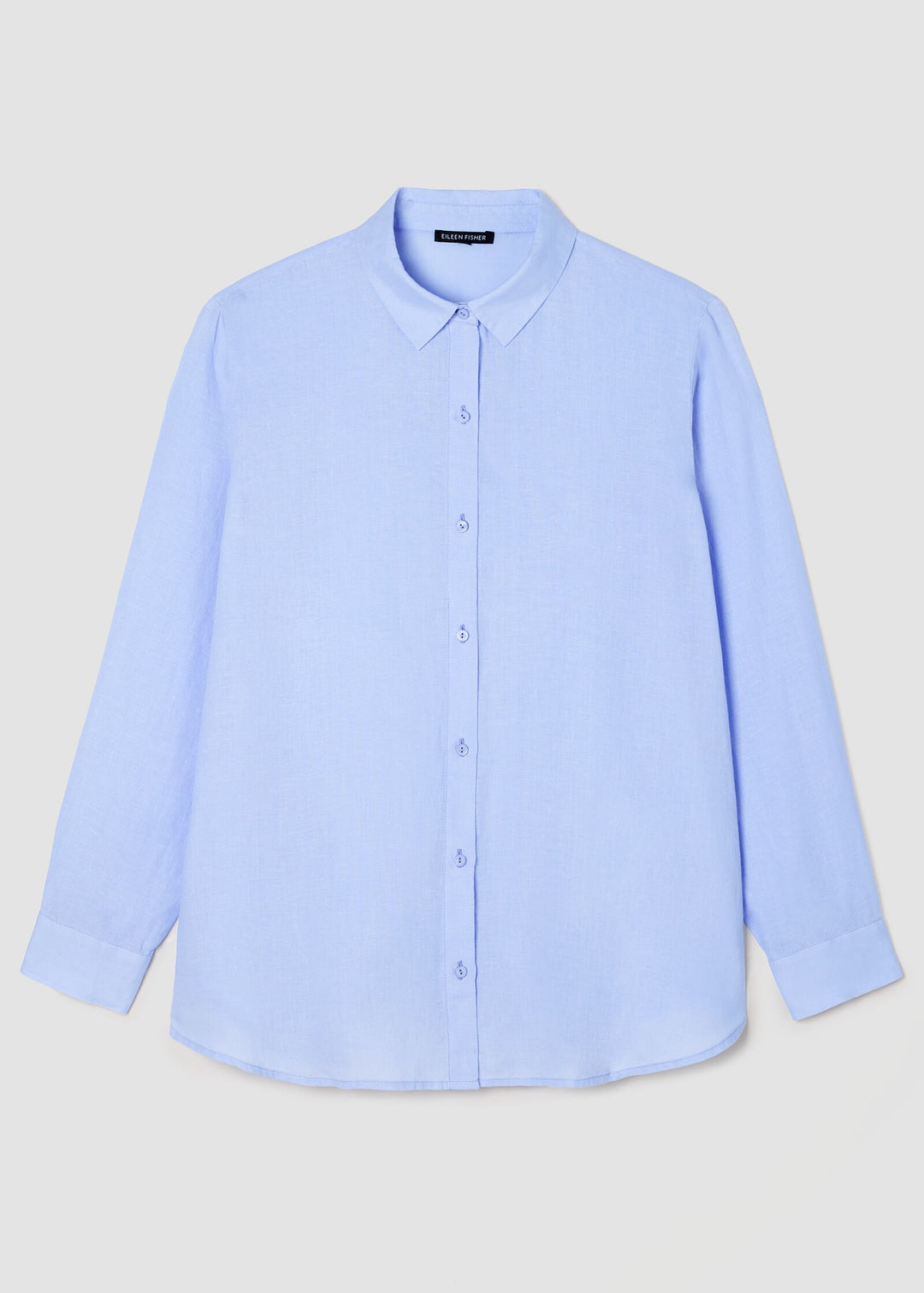 front view of Eileen fisher classic collar long sleeve button front organic linen pus size shirt in color bellflower