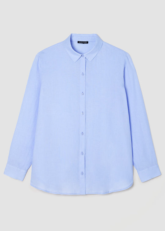 front view of Eileen fisher classic collar long sleeve button front organic linen pus size shirt in color bellflower