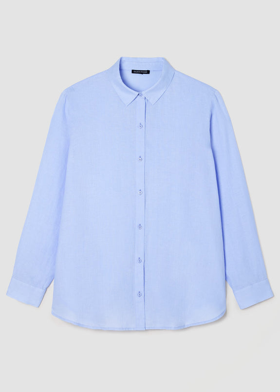 front view of Eileen fisher classic collar long sleeve button front organic linen pus size shirt in color bellflower