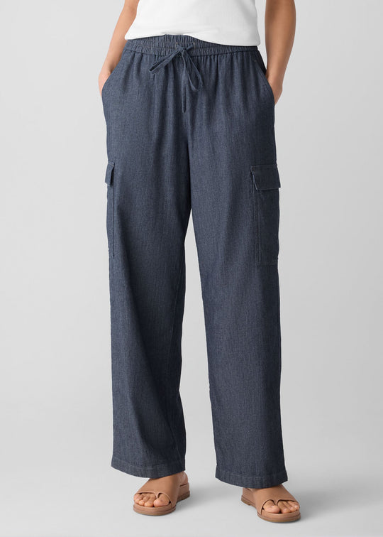 front view of plus size Eileen Fisher Airy Organic Cotton Twill Drawstring Cargo Pant in Denim