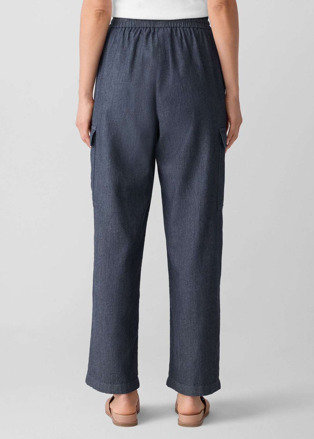 back view of plus size Eileen Fisher Airy Organic Cotton Twill Drawstring Cargo Pant in Denim