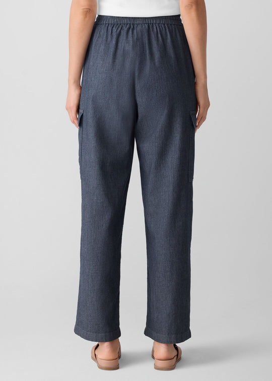back view of plus size Eileen Fisher Airy Organic Cotton Twill Drawstring Cargo Pant in Denim