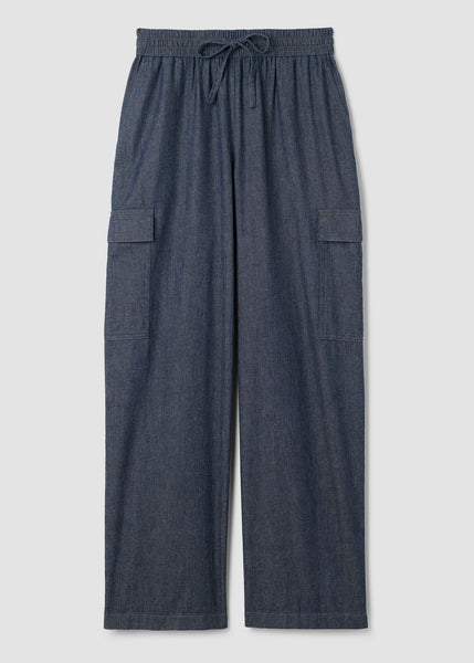 front view of plus size Eileen Fisher Airy Organic Cotton Twill Drawstring Cargo Pant in Denim