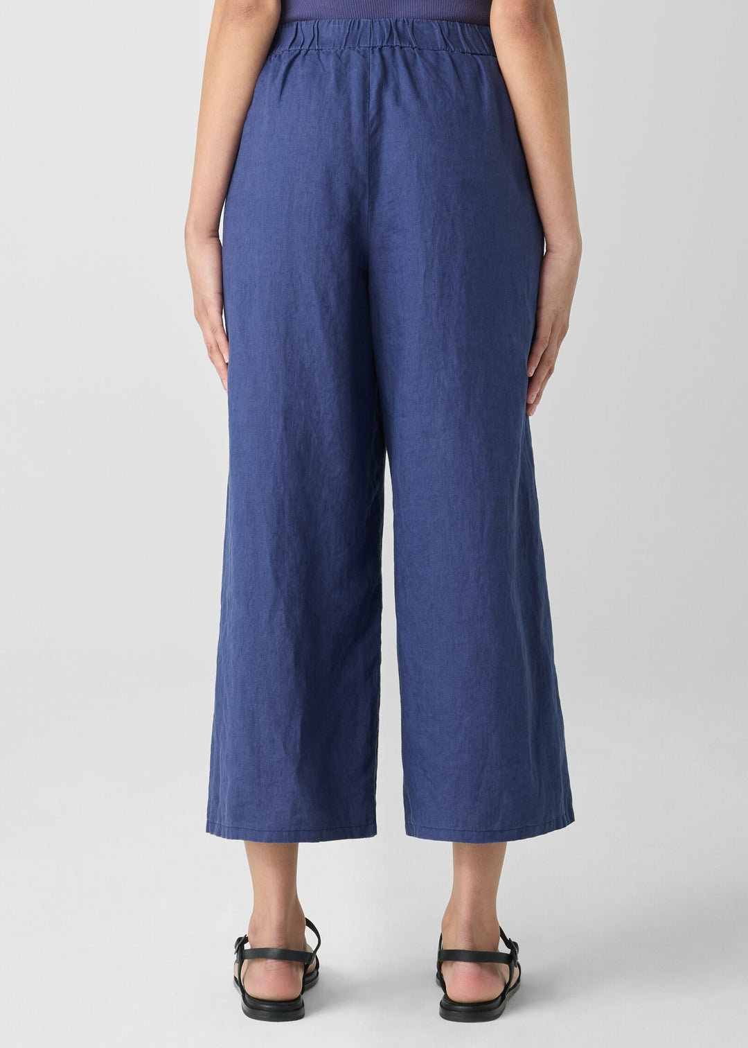 back view of Eileen Fisher organic linen plus size ankle pant in color bluette
