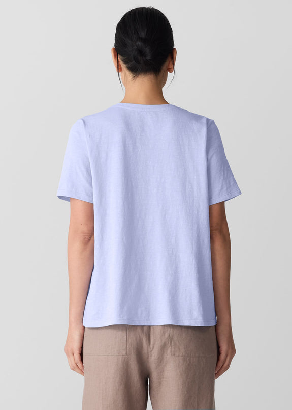 back view of Eileen Fisher plus size short sleeve slubby cotton v-neck t-shirt in bellflower color