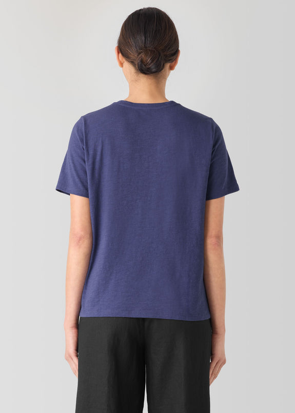 back view of Eileen Fisher plus size short sleeve organic cotton  t-shirt in bluette color