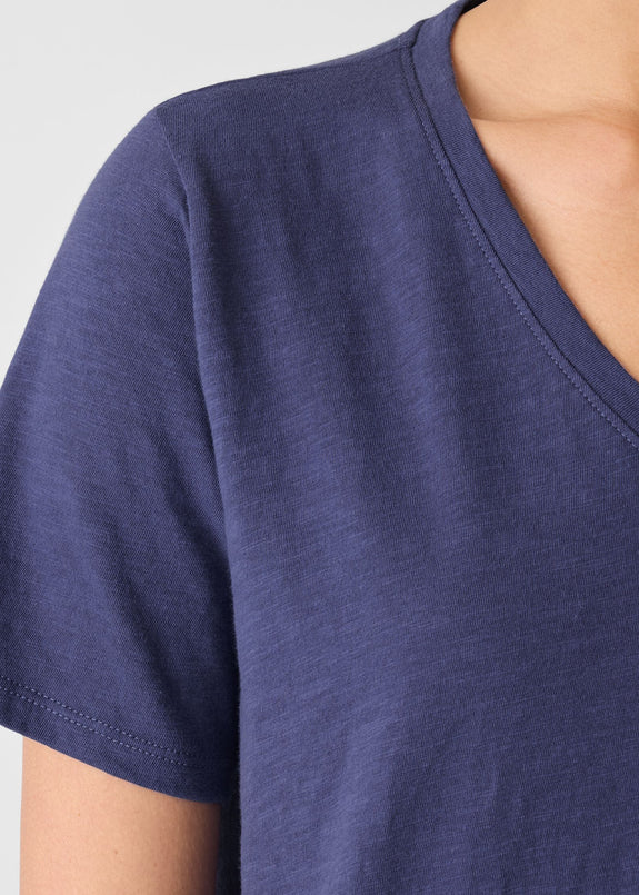 close up front view of Eileen Fisher plus size short sleeve organic cotton t-shirt in bluette color