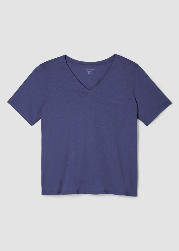 front view of Eileen Fisher plus size short sleeve organic cotton t-shirt in bluette color
