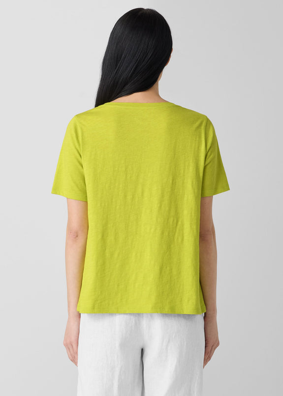 back view of Eileen Fisher plus size short sleeve jersey linen t-shirt in chartreuse