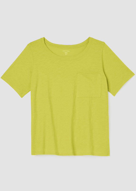 front view of Eileen Fisher plus size short sleeve jersey linen t-shirt in chartreuuse