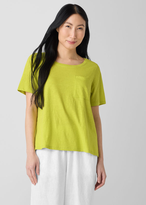 Alt. front view of Eileen Fisher plus size short sleeve jersey linen t-shirt in chartreuse