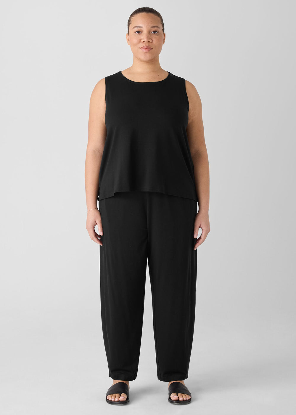 front view of plus size Eileen Fisher Stretch Jersey Knit Lantern Pant in Black