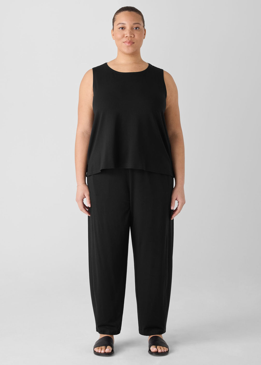 front view of plus size Eileen Fisher Stretch Jersey Knit Lantern Pant in Black
