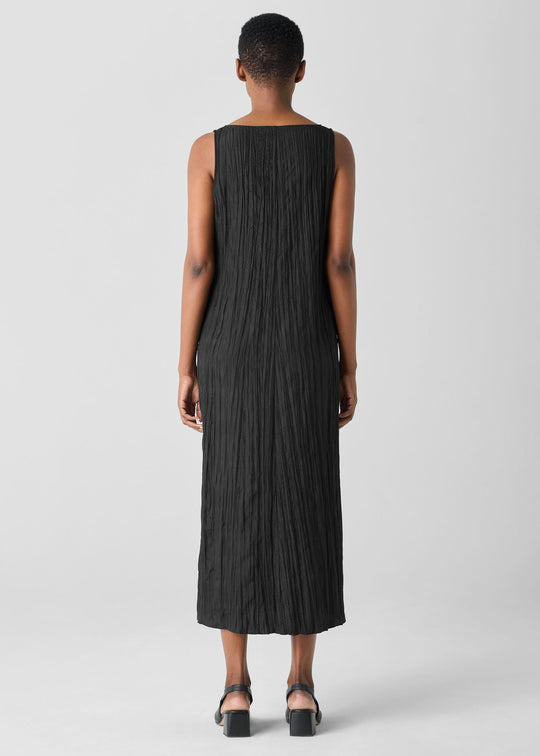 back view of plus size Eileen Fisher Crushed Silk V-Neck Pleated Full Length Dress in Black