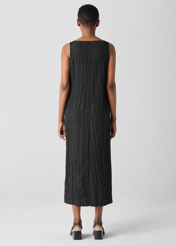 back view of plus size Eileen Fisher Crushed Silk V-Neck Pleated Full Length Dress in Black
