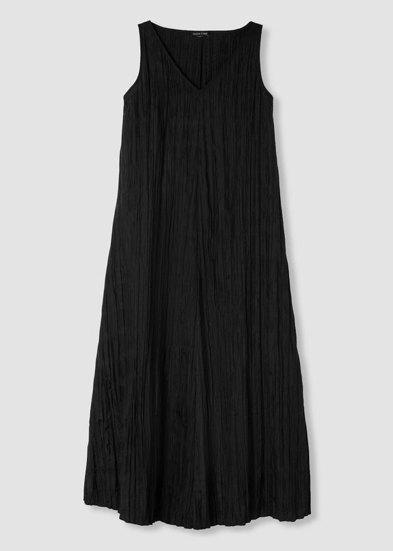 front view of plus size Eileen Fisher Crushed Silk V-Neck Pleated Full Length Dress in Black