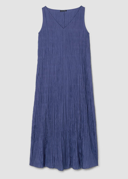 front view of Eileen Fisher crushed silk v-neck sleeveless plus size long dress in bluette color