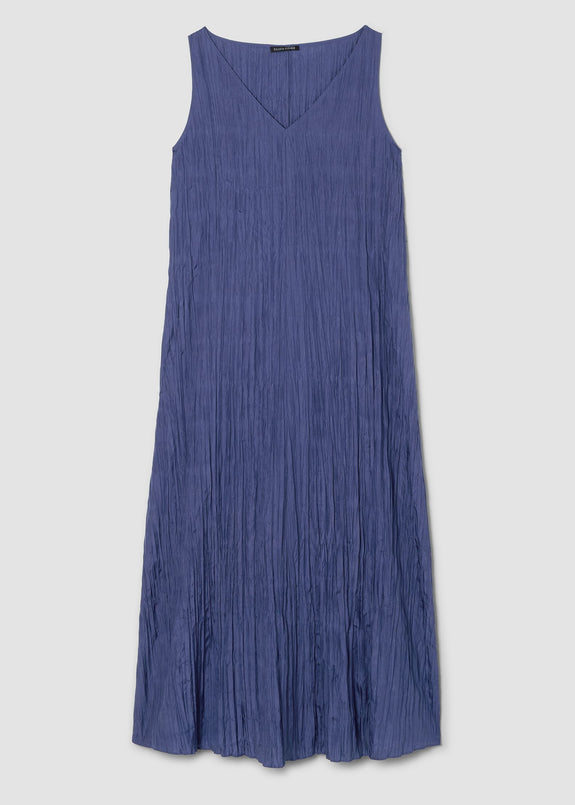 front view of Eileen Fisher crushed silk v-neck sleeveless plus size long dress in bluette color