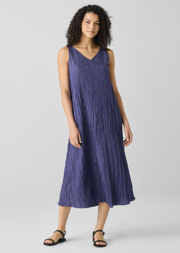 front view of Eileen Fisher crushed silk v-neck sleeveless plus size long dress in bluette color