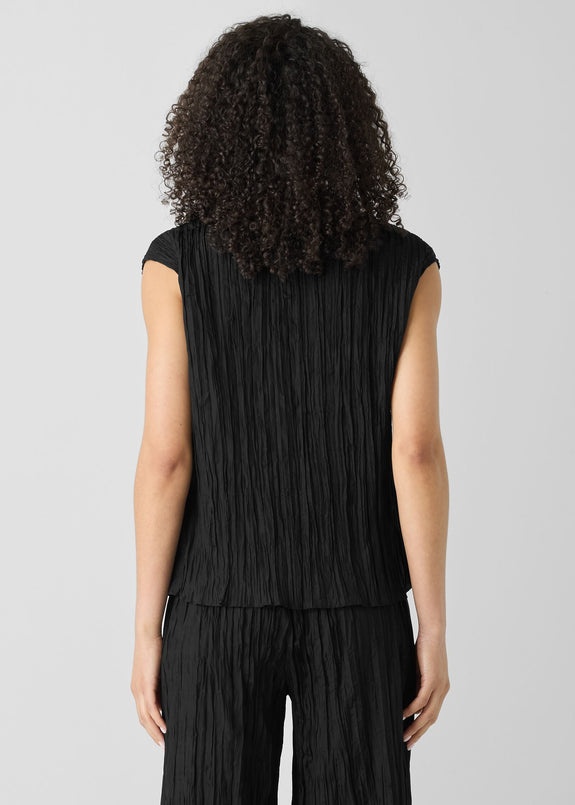 back view of plus size Eileen Fisher Crushed Silk Ballet Neck Pleated Top in Black