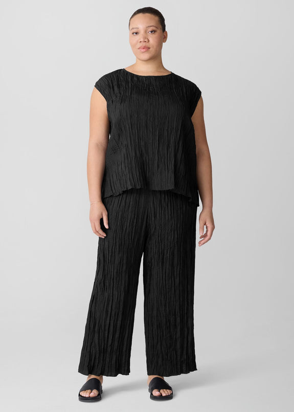 Front view of plus size Eileen Fisher Crushed Silk Ballet Neck Pleated Top in Black