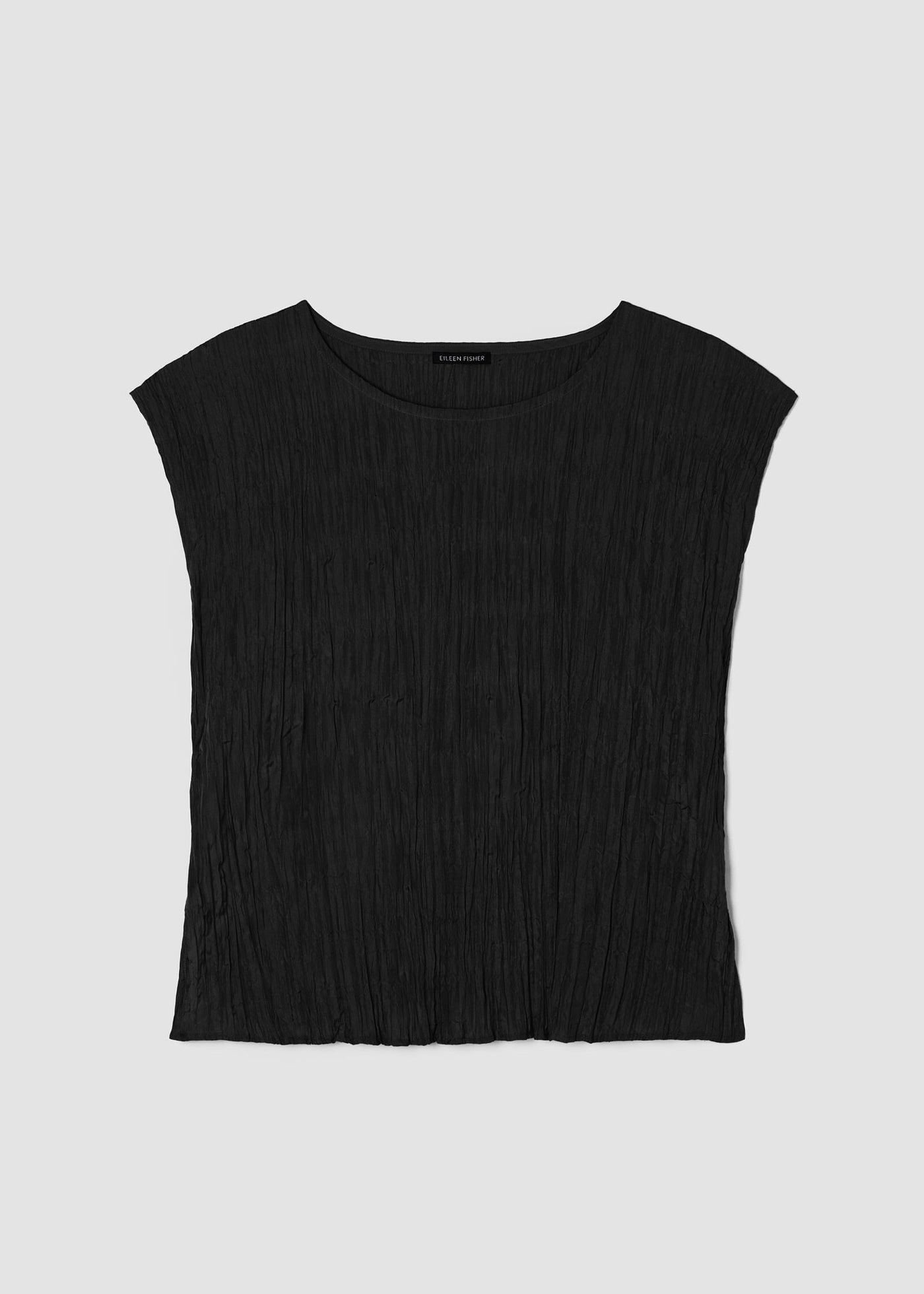 Front view of plus size Eileen Fisher Crushed Silk Ballet Neck Pleated Top in Black