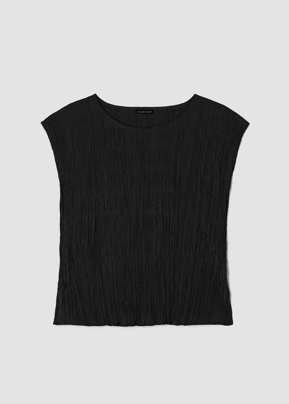 Front view of plus size Eileen Fisher Crushed Silk Ballet Neck Pleated Top in Black
