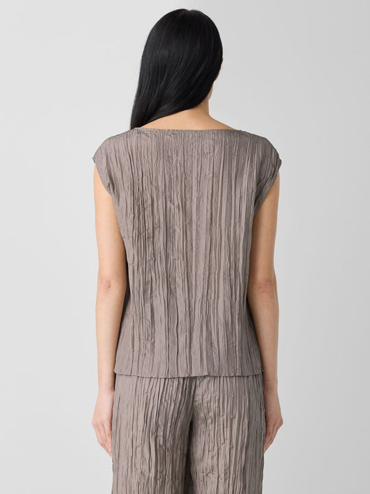 Eileen Fisher Crushed Silk Ballet Neck Pleated Top in Cocoa