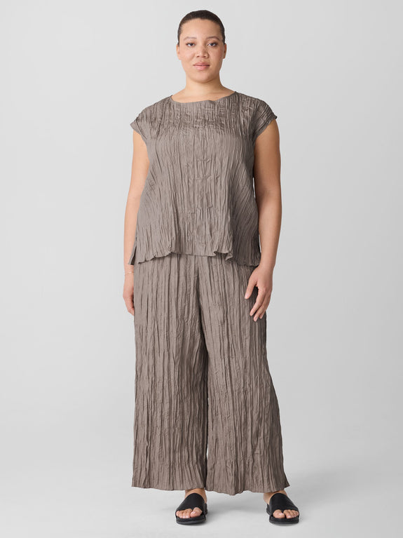 Eileen Fisher Crushed Silk Ballet Neck Pleated Top in Cocoa