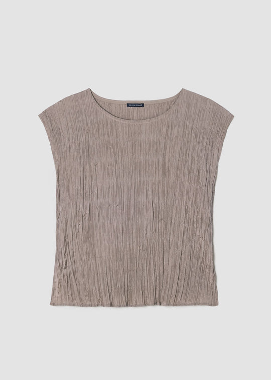Eileen Fisher Crushed Silk Ballet Neck Pleated Top in Cocoa