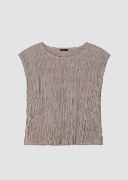 Eileen Fisher Crushed Silk Ballet Neck Pleated Top in Cocoa