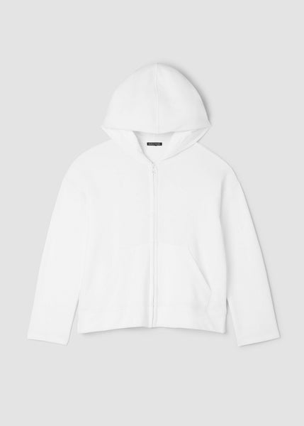 front view of plus size Eileen Fisher white hoodie on a light gray background