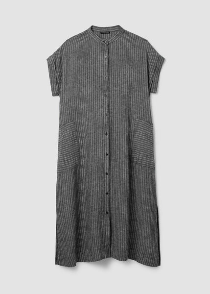 Eileen Fisher Puckered Organic Linen Striped Shirt Dress in White/Black