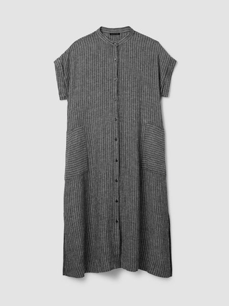 Eileen Fisher Puckered Organic Linen Striped Shirt Dress in White/Black