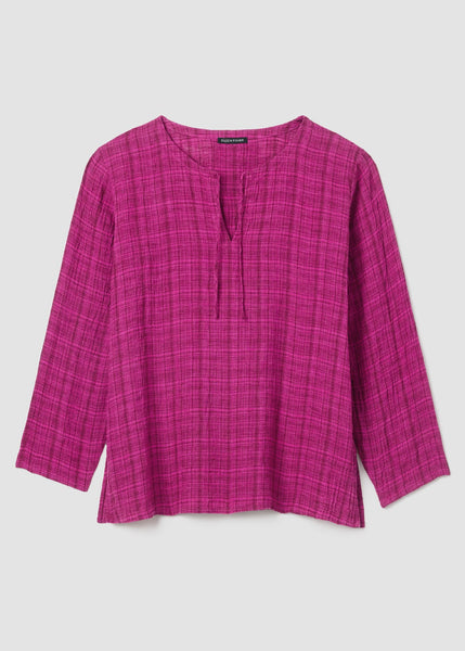 front view of Eileen Fisher Puckered Organic Linen Plaid Keyhole plus size Top in Sangria color