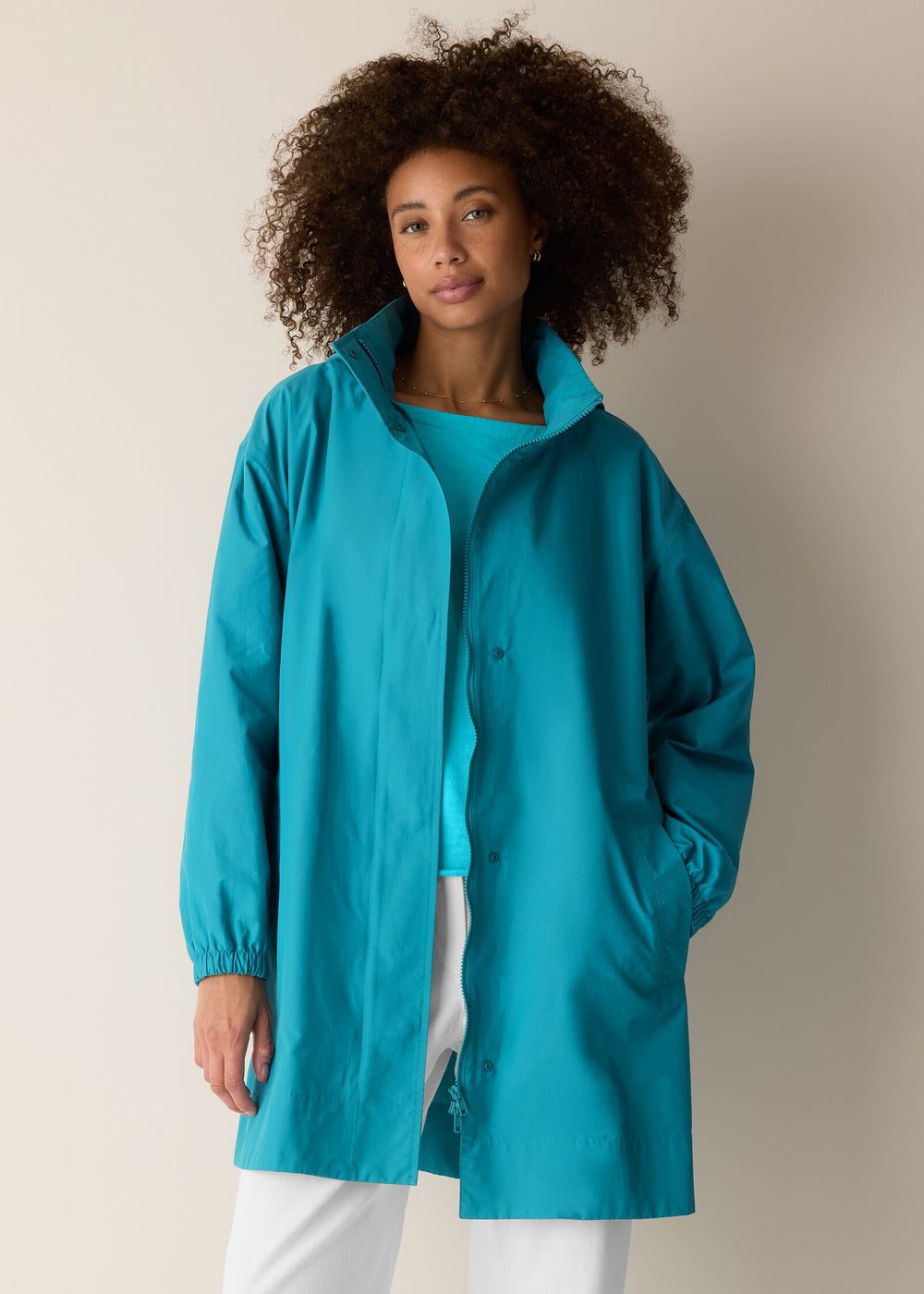 front view of plus size Eileen Fisher Light Cotton Nylon Stand Collar Coat with Hidden Hood in River