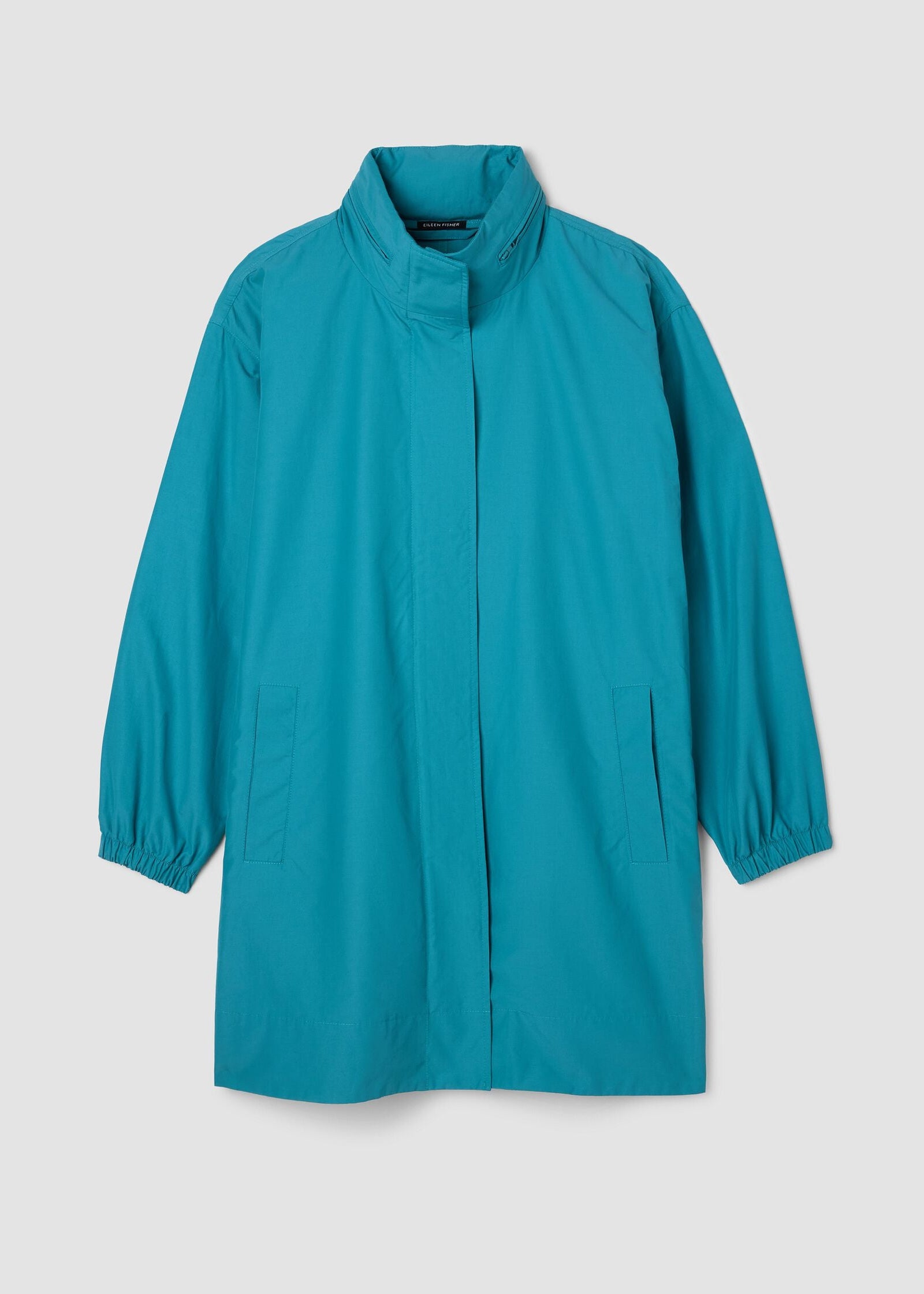 front view of plus size Eileen Fisher Light Cotton Nylon Stand Collar Coat with Hidden Hood in River